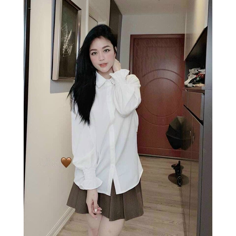 Áo sơ mi nữ trắng đi học tay dài bo nhúm cổ bẻ basic tiểu thư form rộng vừa xinh | BigBuy360 - bigbuy360.vn