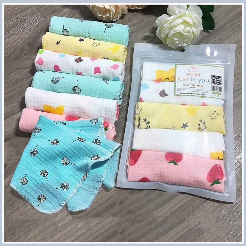 Set 5 Khăn sữa Wooyi 2 lớp họa tiết cotton mềm mịn cho bé/khăn lau cho bé cực cute