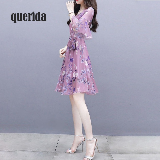 Đầm voan hoa eo ôm dài vừa phải phong cách nhẹ nhàng thời trang cho nữ