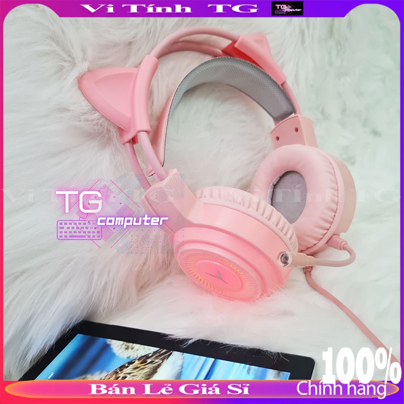 TAI NGHE TAI MÈO chụp tai có dây có mic màu hồng gaming dễ thương Vi tính TG TNTMMHNEW
