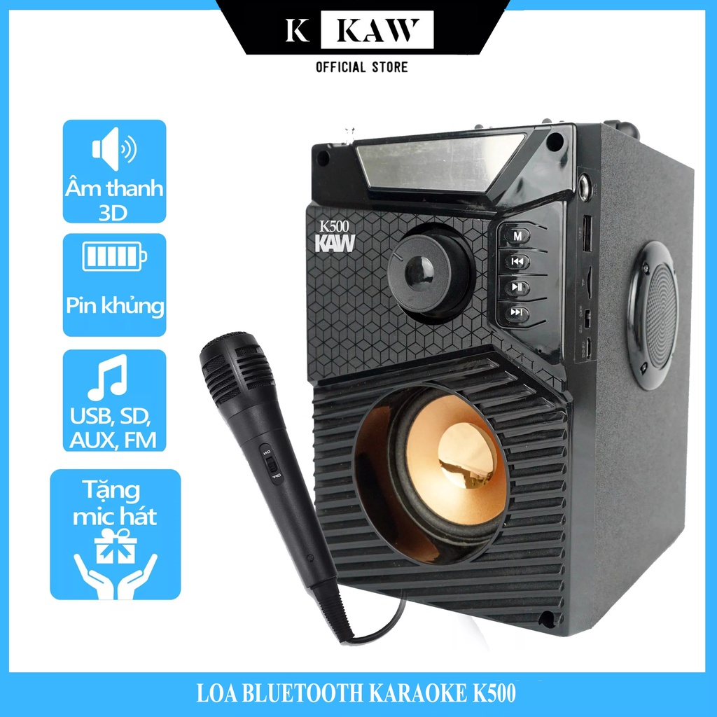 Loa hát karaoke có mic , Loa bluetooth KAW K500Cao Cấp, Tặng kèm micro Hat Karaoke