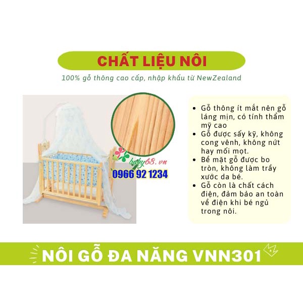 Nôi Võng Gỗ Thông Tự Động 4 Trong 1 Cho Bé VINANOI VNN301 - Vừa Làm Nôi Tự Động, Giường Vừa Chuyển Thành Võng