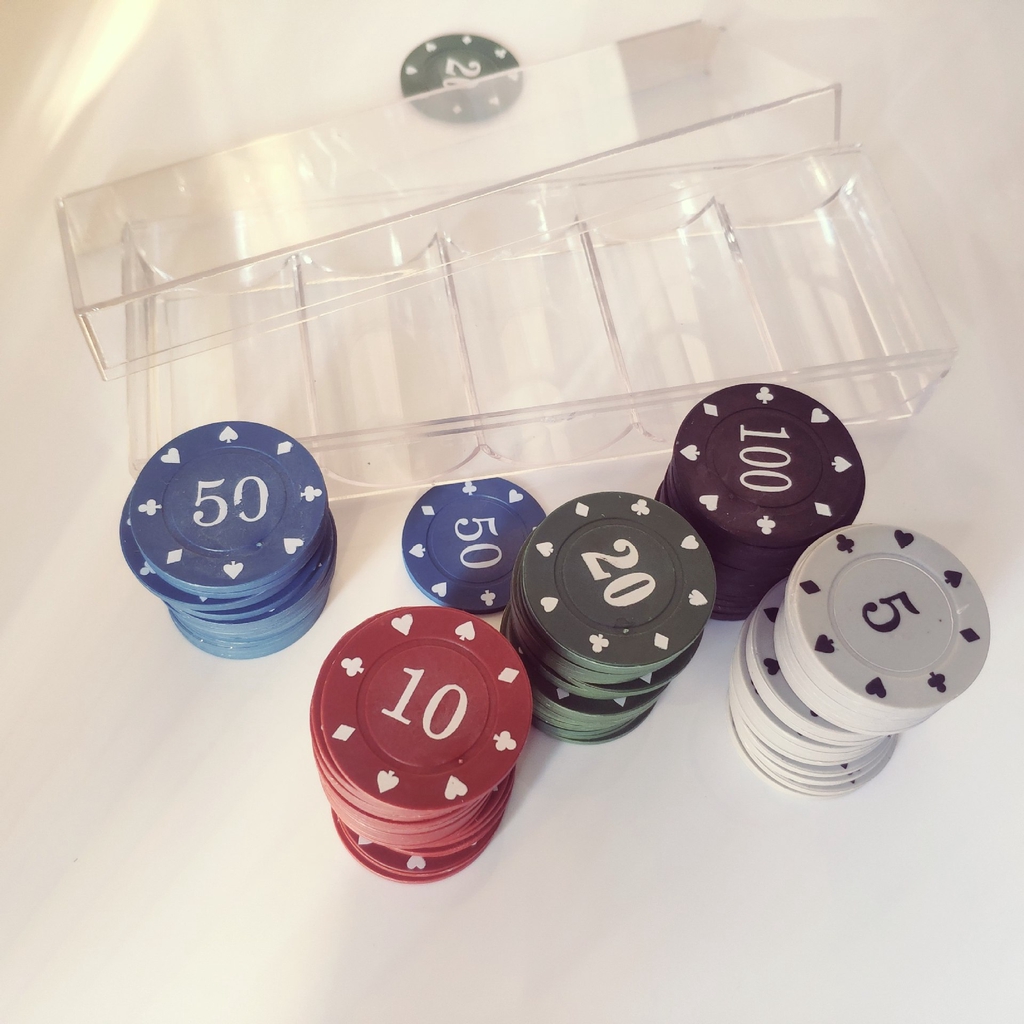 Bộ 100 chip poker có số ( phỉnh poker ) chất nhựa ABS cao cấp hình in sắc nét, có khay nhựa tặng kèm