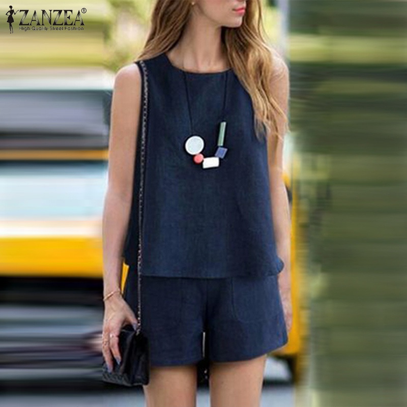 Zanzea Set Áo 2 Dây + Quần Short Trơn Màu Thời Trang Dành Cho Nữ