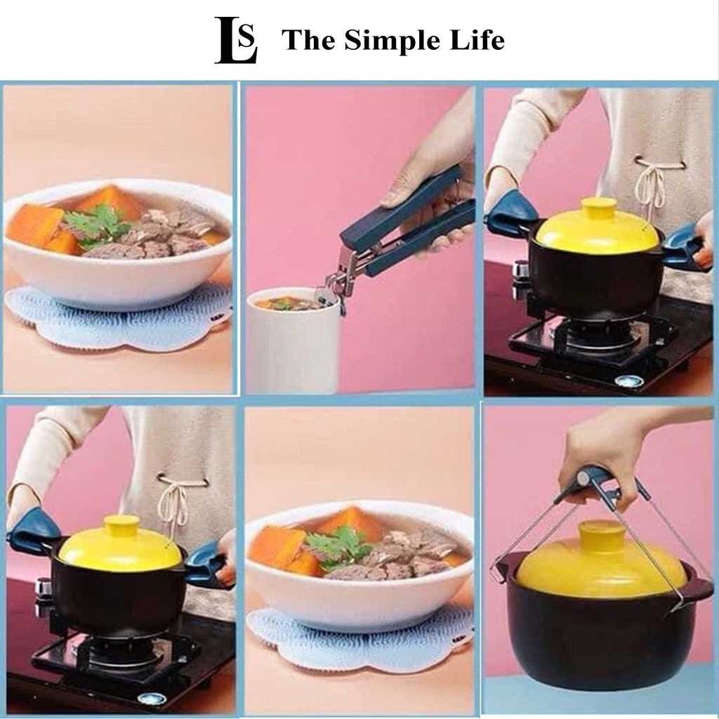 Bộ dụng cụ gắp nóng, găng tay nhấc nồi mỏ vịt, miếng rửa bát đĩa silicon, kẹp gắp inox có lò xo 6 chi tiết [CHÍNH HÃNG]