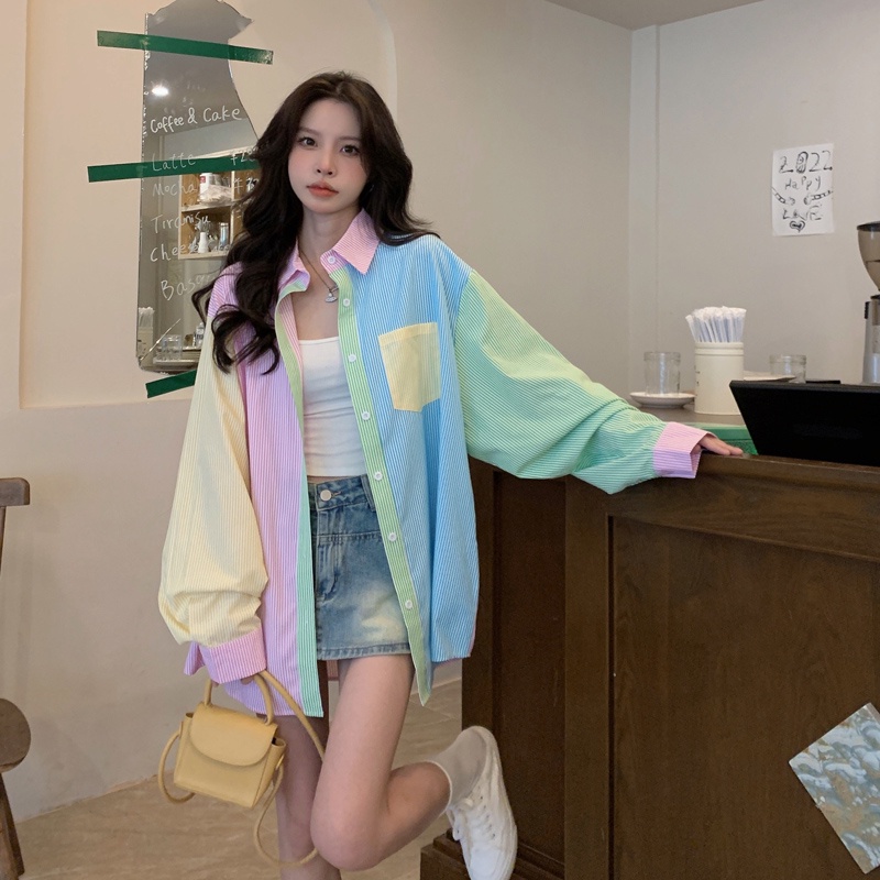 Áo sơ mi ZHELIHANGFEI thiết kế màu tương phản nổi bật thời trang dành cho nữ