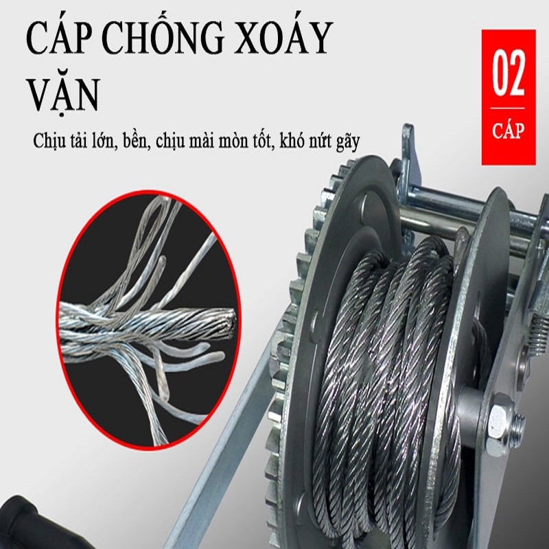 Tời quay tay 2000LBS, tời quay tay tải kéo 900kg tải nâng 300kg Có Cáp 5ly dài 6 mét có móc 1 tấn tặng kèm bản mã