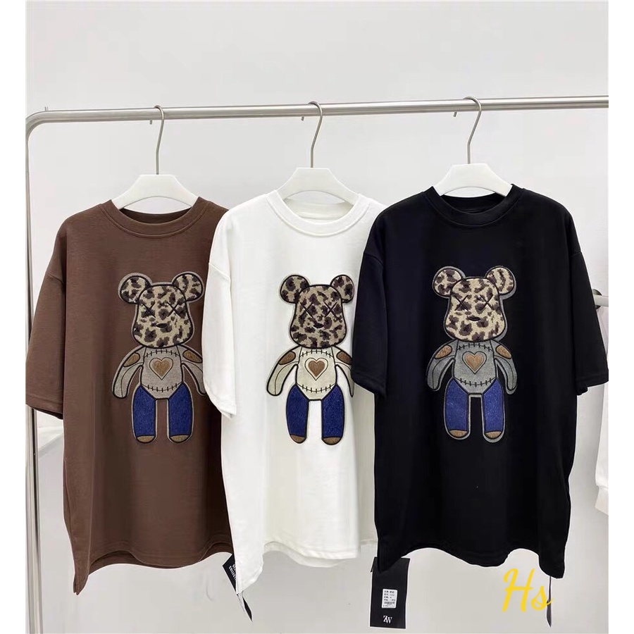 Áo Phông Gấu Trái Tim Unisex 🦋 Áo Thun Cổ Tròn Cộc Tay Dáng Thụng In Hình 3 Màu 🦋