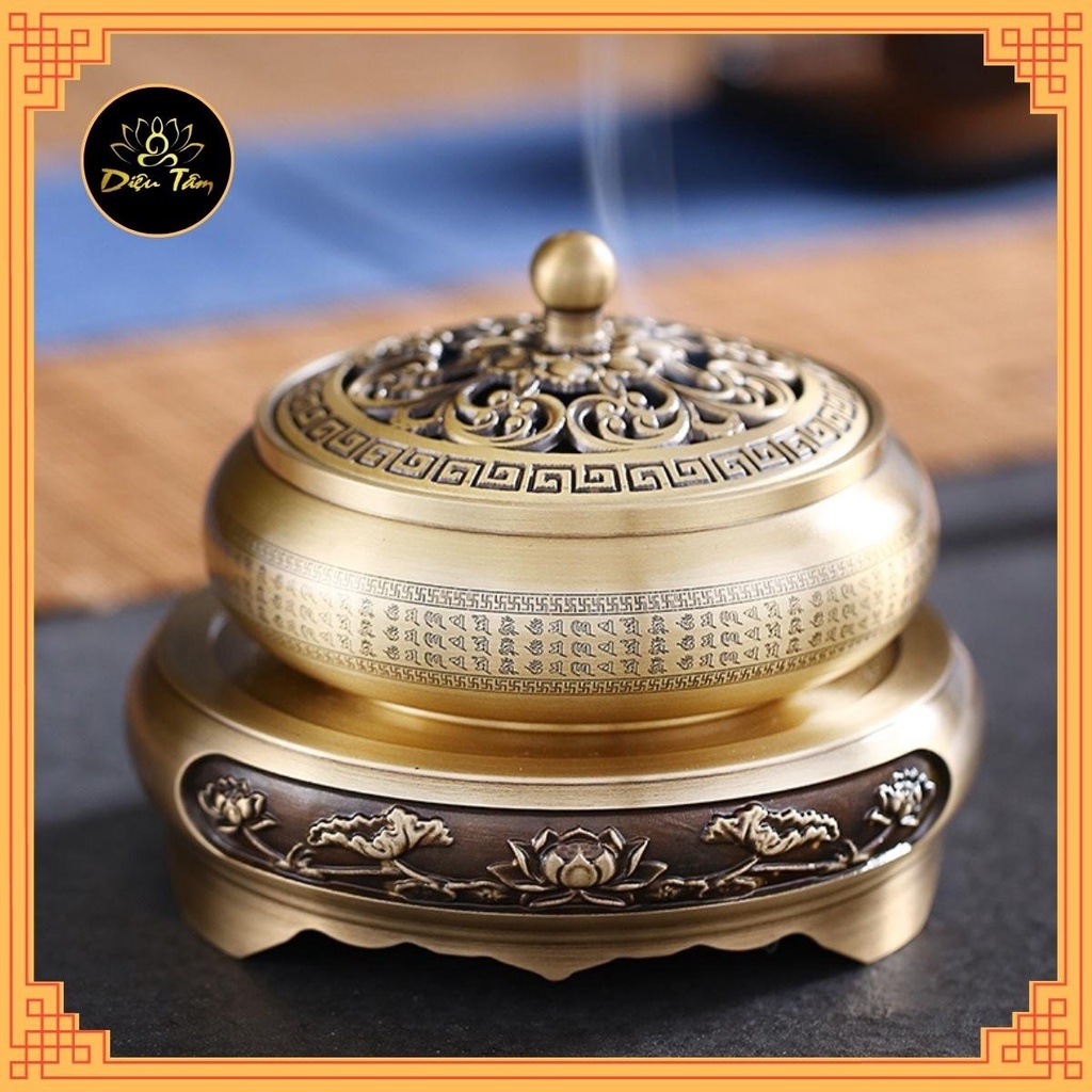 Lư đồng xông trầm đốt trầm khắc lục tự chân ngôn thay cho lư điện -  tặng hồ lô đồng và lót chống cháy