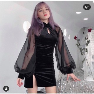 Đầm dự tiệc sườn xám nhung lụa cách tân body Siêu HOT
