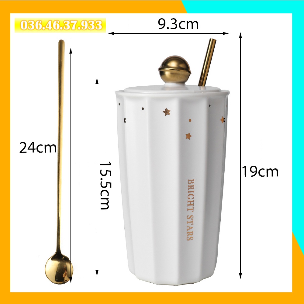 Ly sứ dễ thương có nắp đậy tặng muỗng và ống hút sang trọng chất liệu cao cấp hoạ tiết ngàn sao
