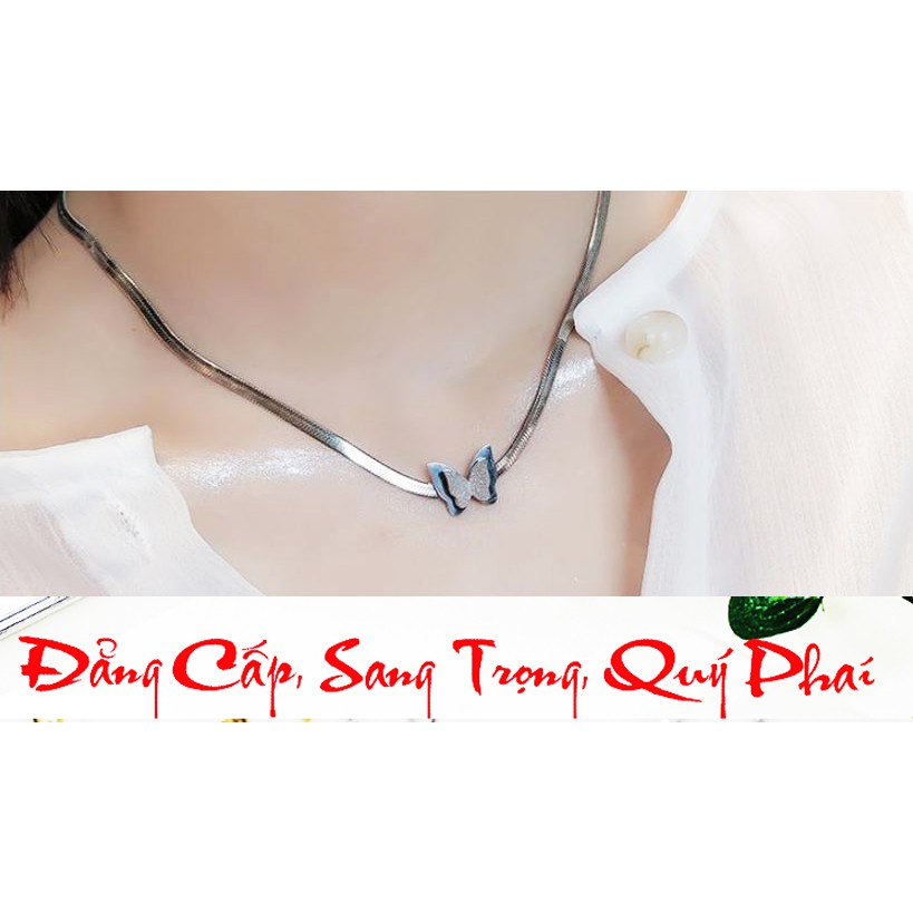 Dây chuyền nữ titan kiểu dây mì bản to đính fly màu trắng đep, không đen, hợp thời trang