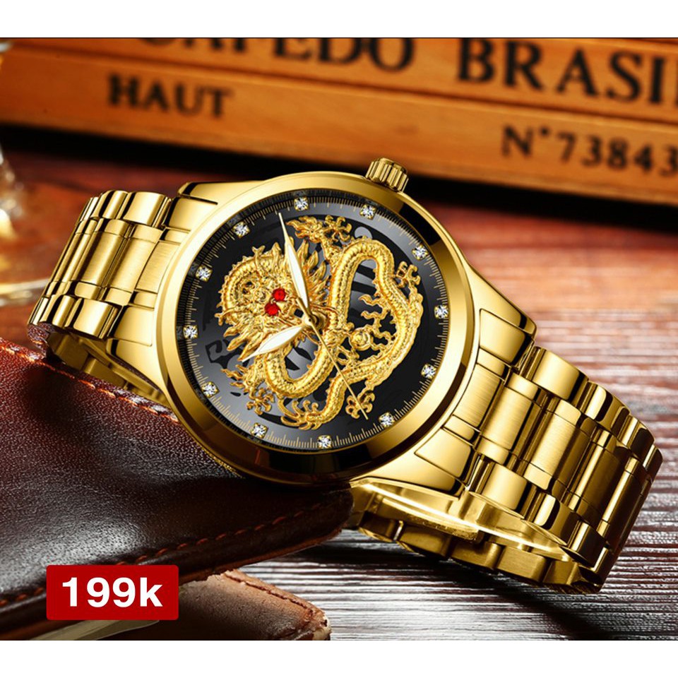 Đồng hồ nam FNGEEN R3 chính hãng mặt tròn hình rồng 3D dây thép không gỉ mạ vàng cực đẹp