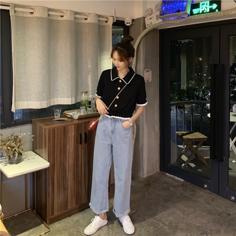 Xiaozhainv Áo thun polo ngắn tay phong cách Hàn Quốc cho nữ