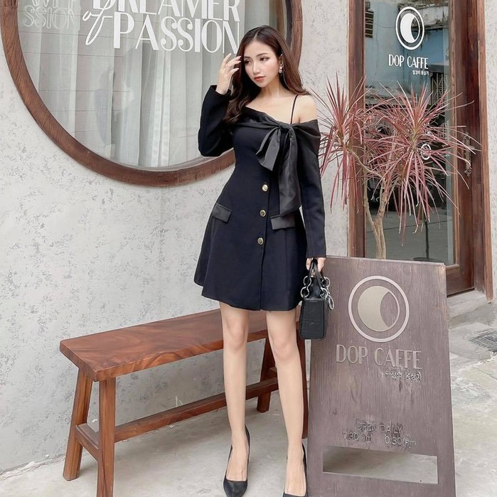 [Hàng thiết kế cao cấp] Đầm xòe trễ vai phối nơ màu trắng - Đen sang trọng váy dự tiệc dạo chơi | BigBuy360 - bigbuy360.vn