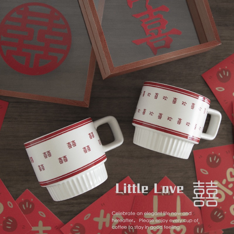 Cốc sứ cao cấp uống trà, cafe 320ml in chữ hỷ quà mừng đám cưới