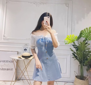 Đầm liền jean phối bẹt vai