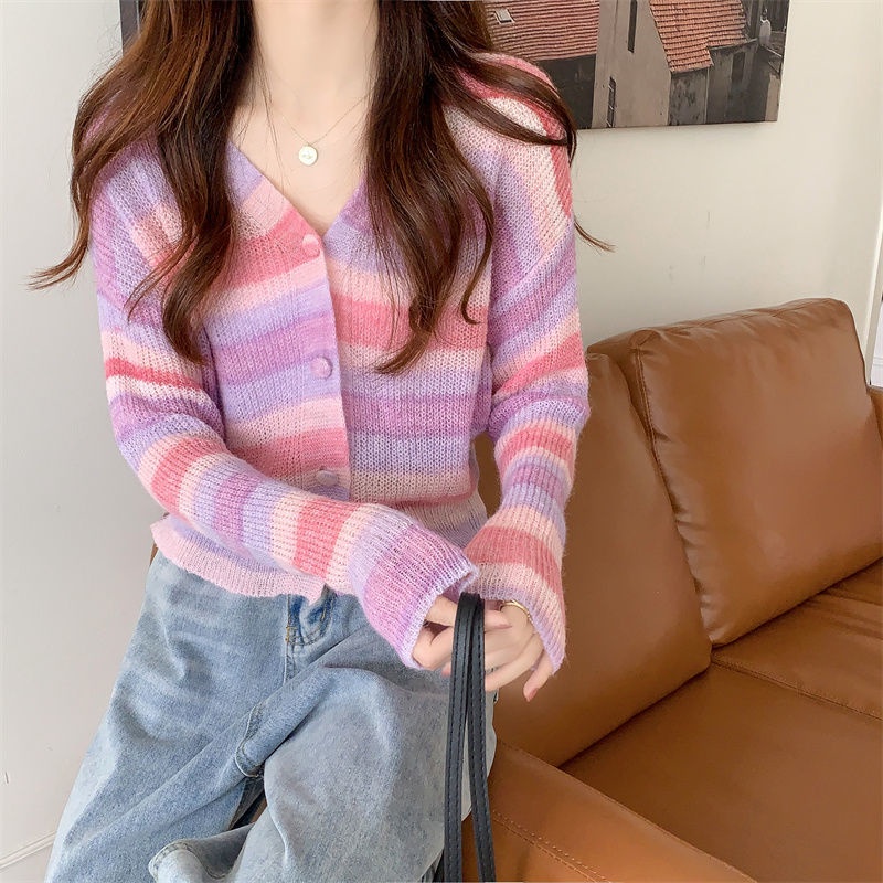 Áo cardigan Tay Dài Cổ Chữ V Form Ôm Họa Tiết Kẻ Sọc Cầu Vồng Ngọt Ngào Cho Nữ