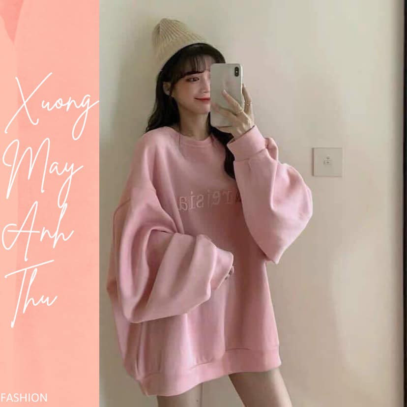 Áo nỉ bông màu hồng pastel thêu chữ cao cấp - Phông tay dài mùa thu đông bigsize dáng giấu quần korea HOT 💝