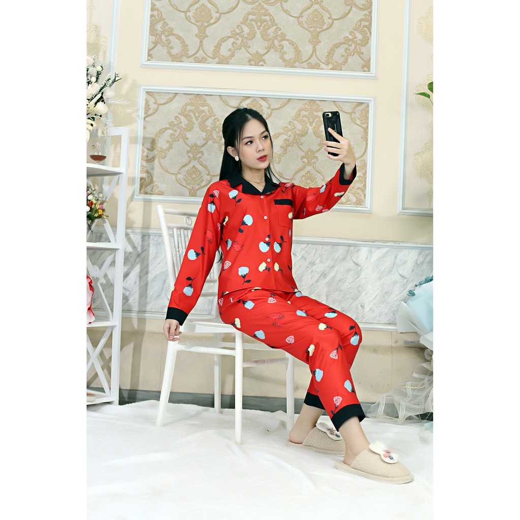 Bộ đồ Pijama nữ dài họa tiết NỀN ĐỎ PHA CỔ ĐEN - vải siêu lụa cao cấp - Cực Kì Sang Chảnh