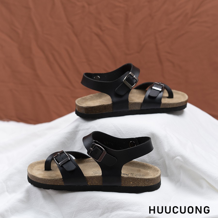 Giày xỏ ngón - xăng đan cao cấp - da pu đế trấu - unisex - đen