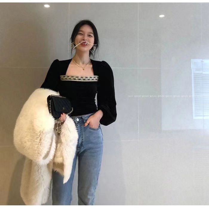 Áo Sơ Mi Tay Dài Cổ Vuông Bằng Vải Nhung Màu Đen Phong Cách Pháp Thời Trang 2022