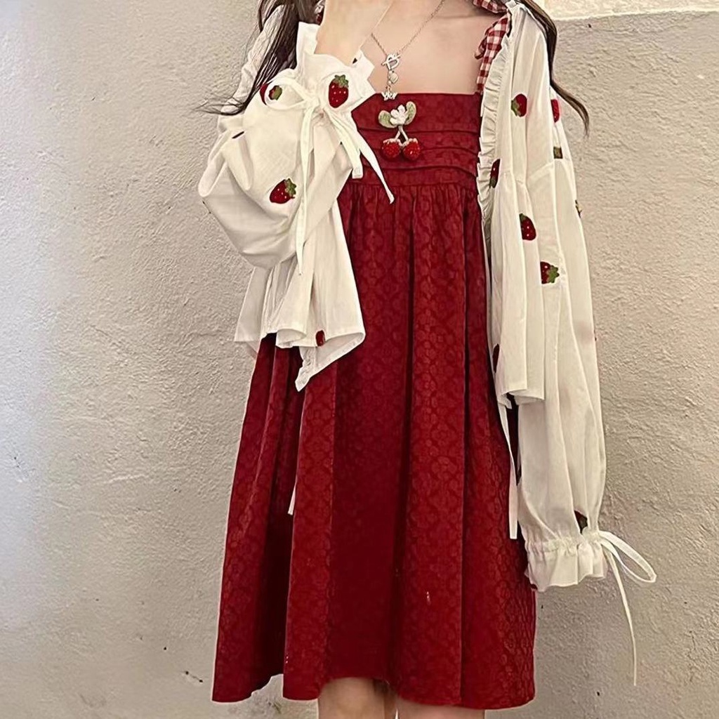 One Set Đầm Hai Dây In Hình Dâu Tây + Áo Sơ Mi Dáng Chữ A Không Tay Xinh Xắn Dành Cho Nữ