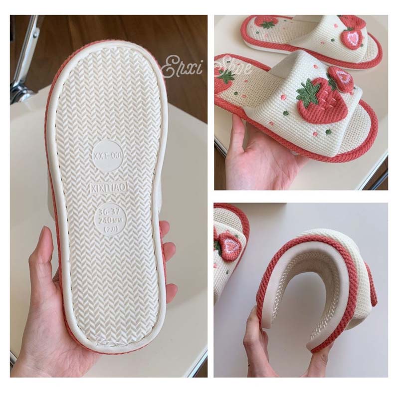 Oeteo Dép cotton Lanh Đi Trong Nhà Đế Bằng Họa Tiết Dâu Tây Dễ Thương Cho Nữ