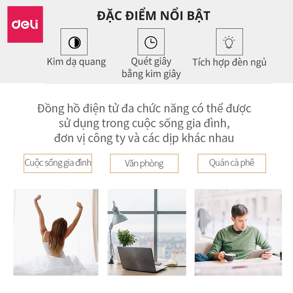 [Mã LIFEDL44 giảm 50K đơn 99K] Đồng hồ báo thức Deli - Xanh dương/Xanh lá/ Hồng - 8802