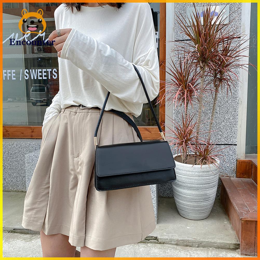 Simple Solid Color Women Handbag Tote PU Leather Female Flap Shoulder Bag ○encounter○