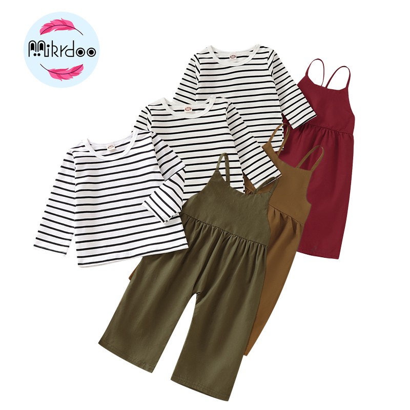 Bộ trang phục 2 món MIKRDOO áo thun tay dài kẻ sọc và quần yếm ống rộng thời trang cho bé gái từ 1-5 tuổi
