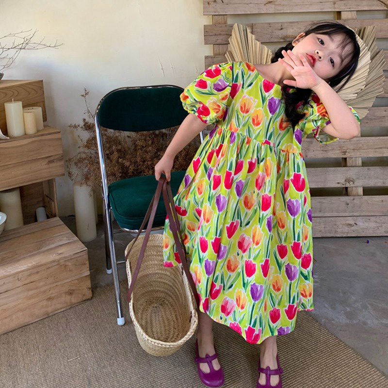Đầm Công Chúa Phồng Cổ Tròn In Họa Tiết Hoa Tulip Phong Cách Hàn Quốc Thời Trang Mùa Hè Cho Bé Gái