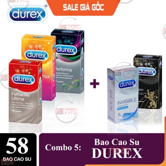 [Combo 5 Hộp] Bao Cao Su Durex Performa, Bcs Invisible, Bcs Pleasuremax, Bcs Kingtex Ôm Sát, Bcs Fetherlite (58 Cái)