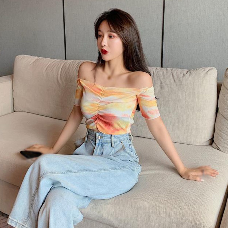 Áo Thun Tay Ngắn Trễ Vai Nhuộm Màu Dáng Ôm Phong Cách Hàn Quốc Quyến Rũ