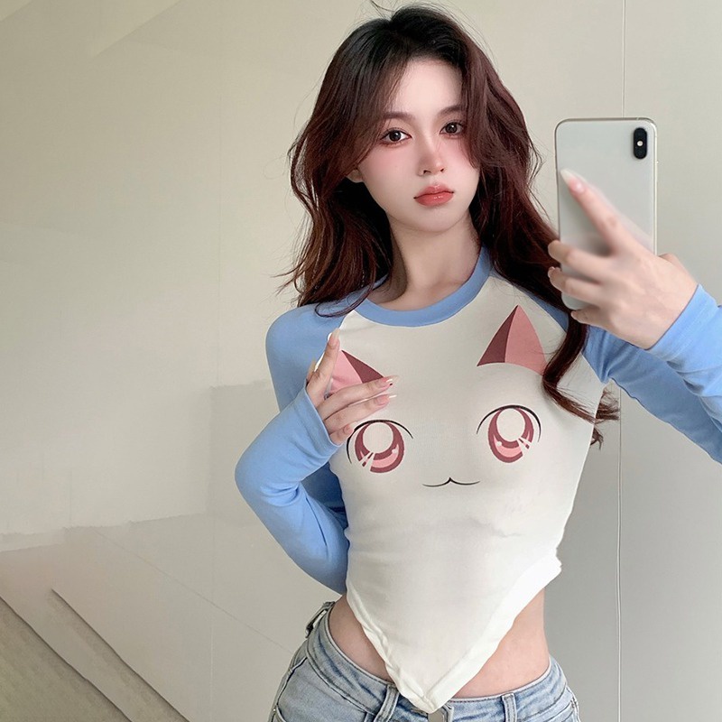 Áo Thun Croptop Tay Dài Cổ Tròn In Họa Tiết Màu Tương Phản Phong Cách Hàn Quốc Cho Nữ