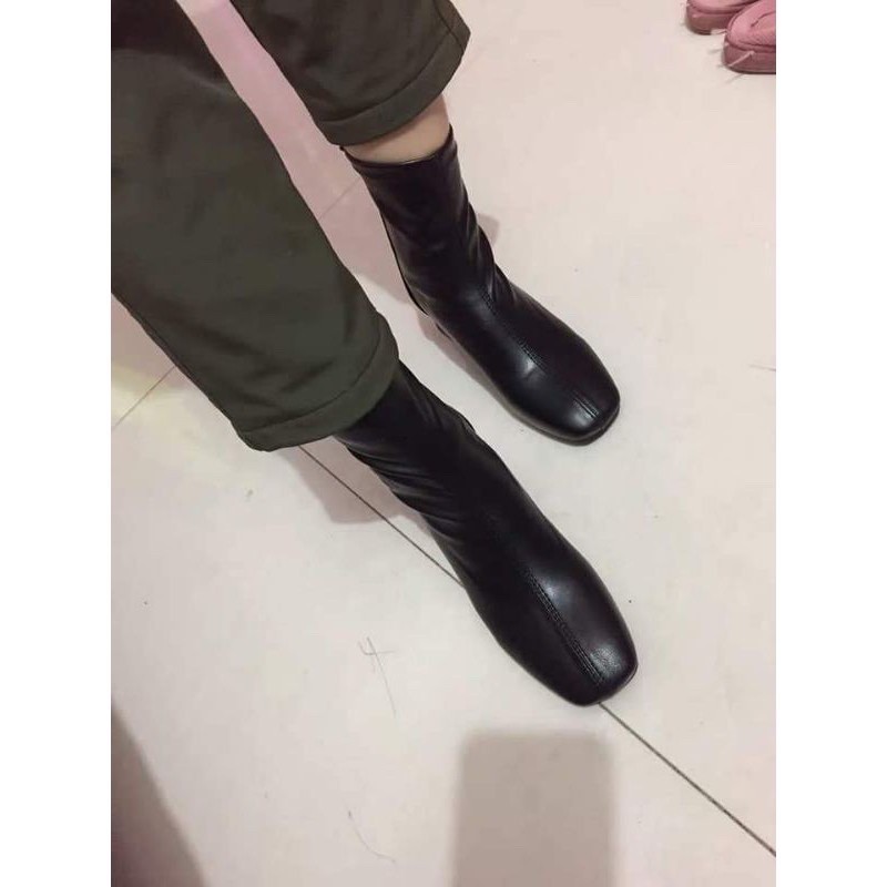 [Giày Boots Nữ Lửng da lì khóa sau 2021][bốt nữ Da Lì Mềm Gót Vuông Lót Lông gót vuông 5cm màu đen kem thời trang]