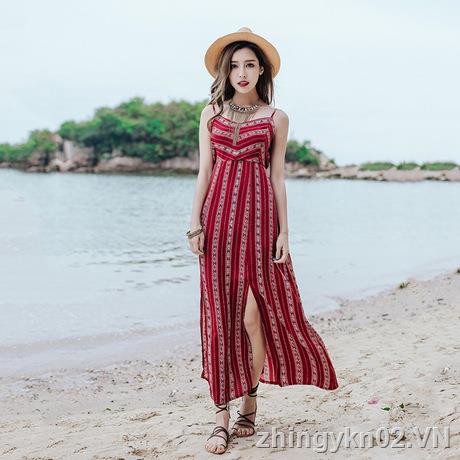 【In Stock & COD】Đầm Đi Biển Hai Dây Dáng Dài Phong Cách Bohemian Thời Trang Mùa Hè 2017