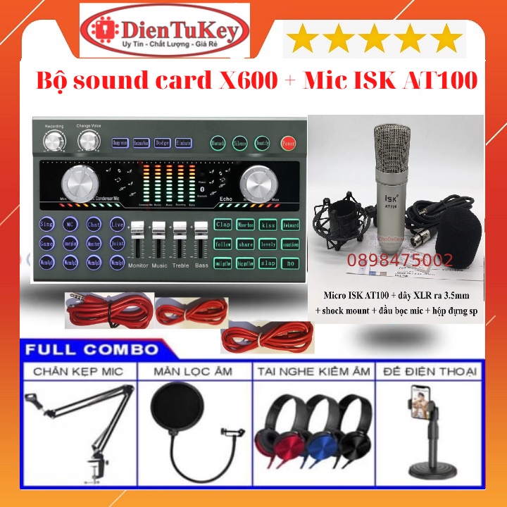 Bộ livestream Sound Card X600 Autotune và mic thu âm ISK AT100 tặng kèm tai nghe thu âm, livestream, karaoke online