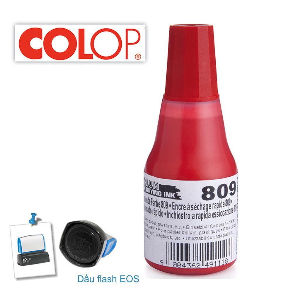 Mực dấu đặc biệt có thể đổ cho dấu flash EOS bám chắc trên mọi chất liệu-COLOP 809 Đỏ