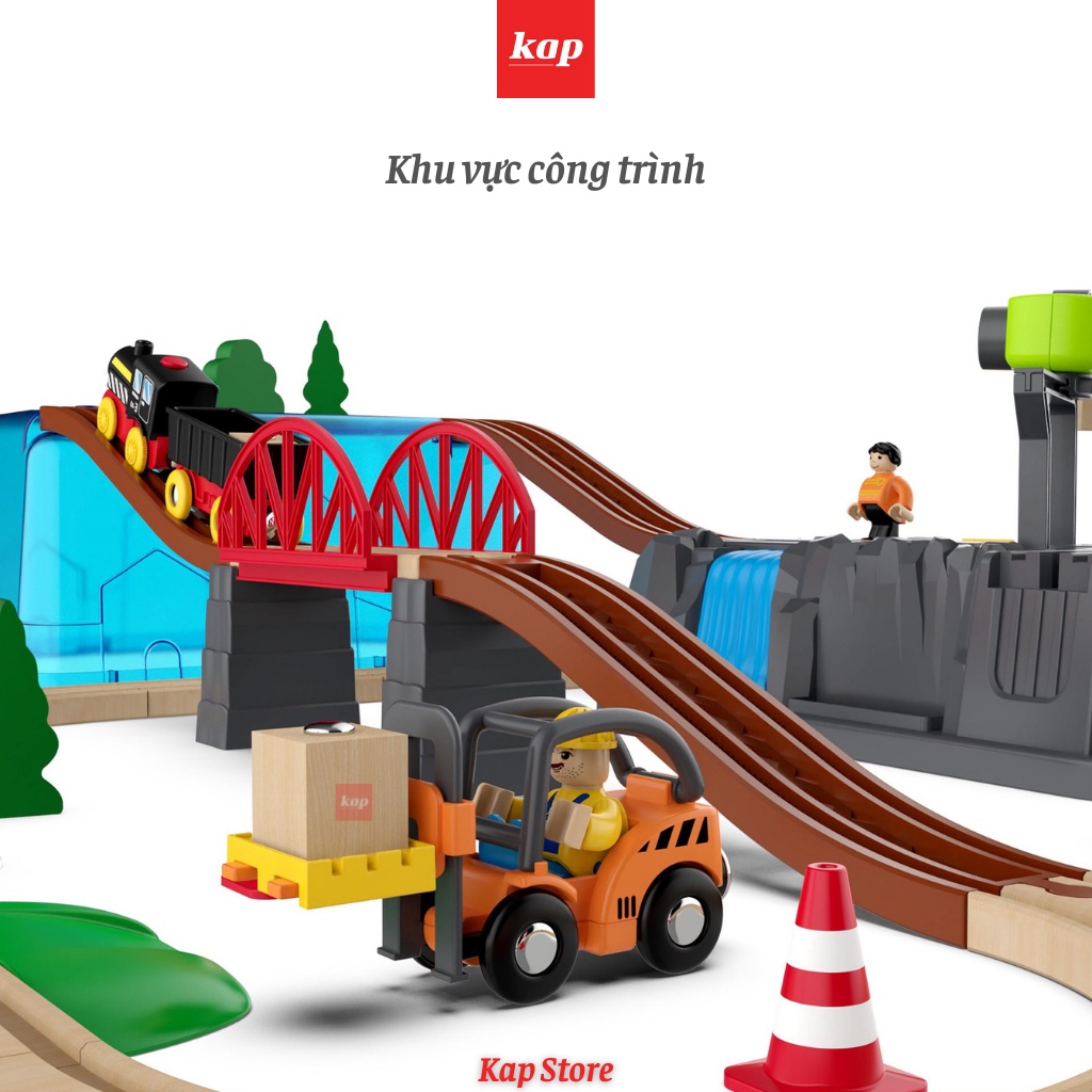 Bộ đường ray xe lửa gỗ công trình xây dựng 55pcs, kèm xe pin và thùng nhựa