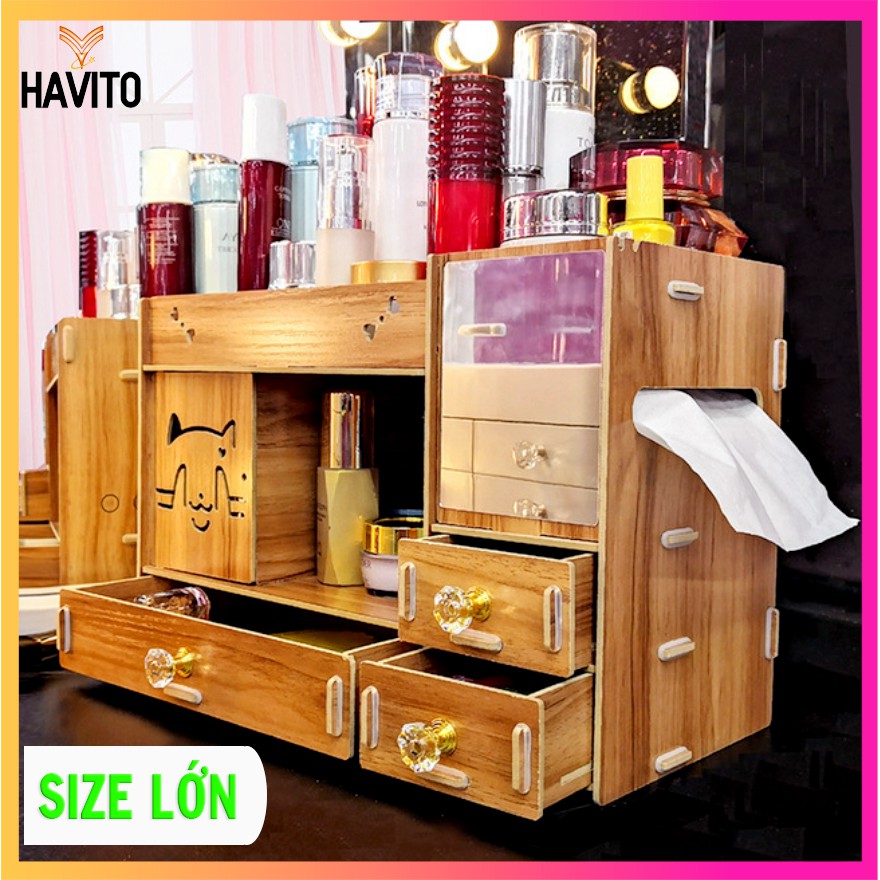 Kệ Đựng Mỹ Phẩm Đồ Trang Điểm Bằng Gỗ, Có Gương, Để Đồ Dùng Học Tập, Dày dặn, Tự Lắp Ráp , Có Nhiều Ngăn.