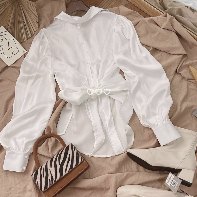 Áo sơ mi kiểu tay phồng nút bọc cột nơ phía sau hottrend | BigBuy360 - bigbuy360.vn