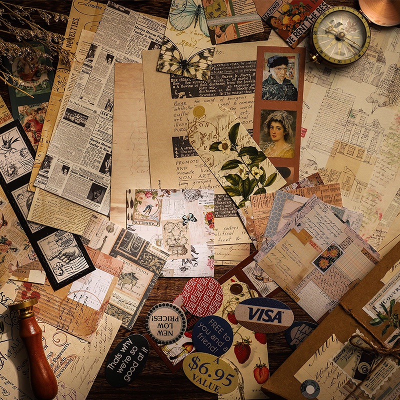 Set 50 chi tiết vintage trang trí sổ tay DIY, hình dán trang trí sổ vintage độc đáo