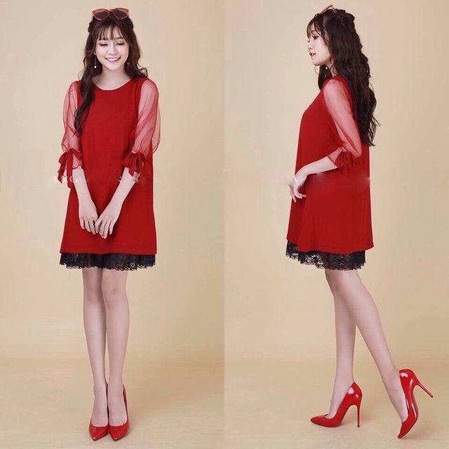 Đầm suông tay lưới lai ren