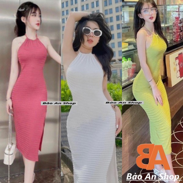 Đầm body nữ yếm xốp tổ ong xẻ đùi cổ yếm hở vai