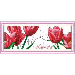 Tranh Thêu Chữ Thập Đồng Hồ Hoa TuLip Đỏ Rực Y8190 (KHÁCH TỰ THÊU) KT:110X43CM