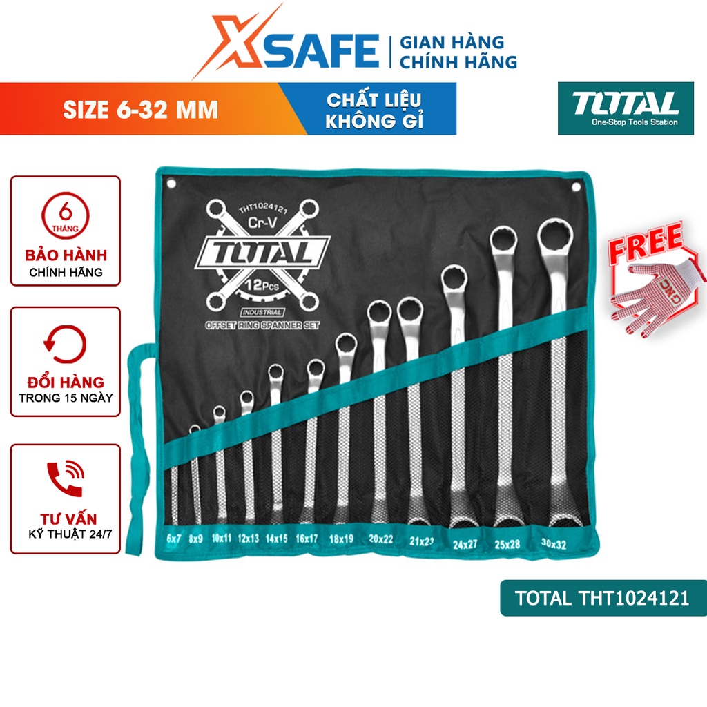 Bộ cờ lê 2 đầu vòng 12 chi tiết TOTAL THT1024121 6-32mm Cờ lê hai vòng thép Cr-V siêu cứng, mở bulong sửa chữa honda ôtô