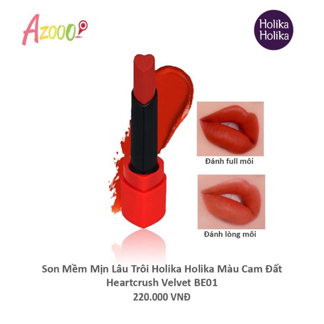 Son mềm mịn lâu trôi Holika Holika (màu cam đất, đỏ tươi, cam san hô, hồng đỏ) Heartcrush Lipstick Comfort Velvet