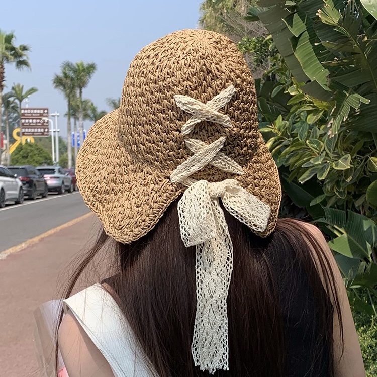Mũ cói MG STUDIO thắt nơ ren xinh xắn đáng yêu cho nữ