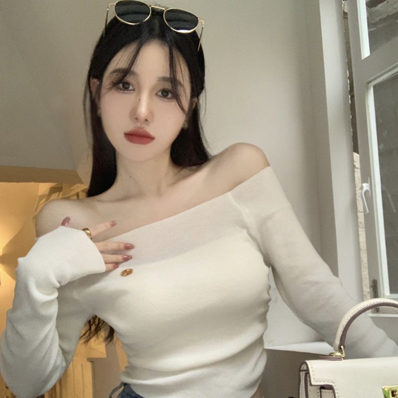 Áo Thun Dệt Kim Tay Dài Hở Vai Màu Trơn Thời Trang Hàn Quốc Dành Cho Nữ